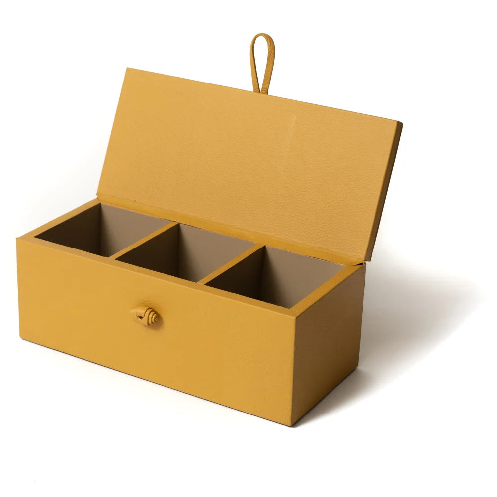 Caja de Té Nudo 3 Div Tapa de Piel o Con Vidrio - Piel / Mango - Té