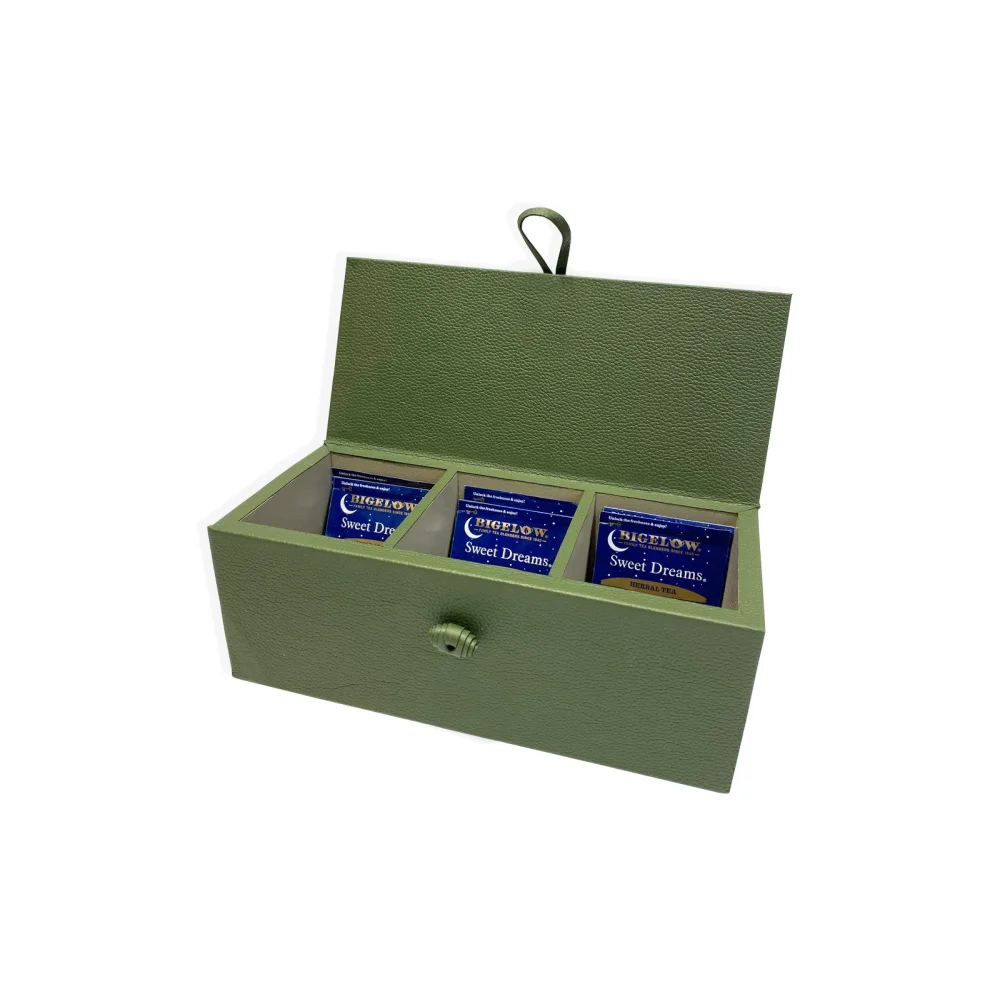 Caja de Té Nudo 3 Div Tapa de Piel o Con Vidrio - Piel / Verde Olivo - Té