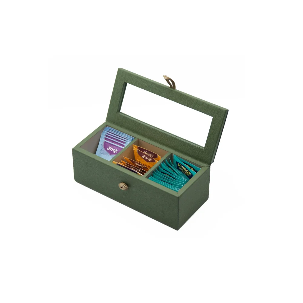 Caja de Té Nudo 3 Div Tapa de Piel o Con Vidrio - Con Vidrio / Verde Olivo - Té