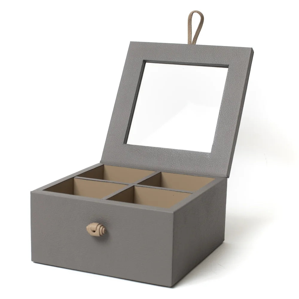 Caja de Té Nudo 4 Div Tapa de Piel o Con Vidrio - Con Vidrio / Gris Medio - Té