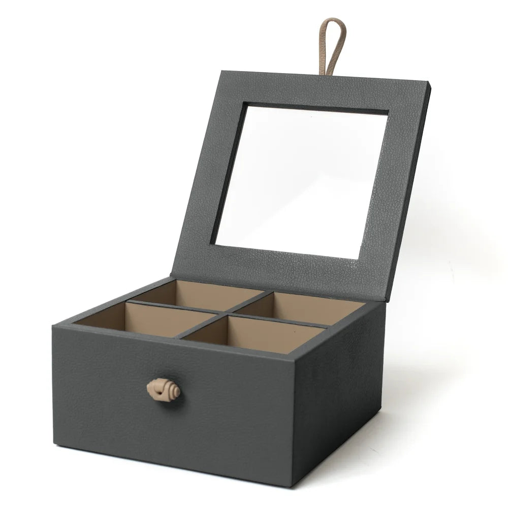 Caja de Té Nudo 4 Div Tapa de Piel o Con Vidrio - Con Vidrio / Gris Oxford - Té